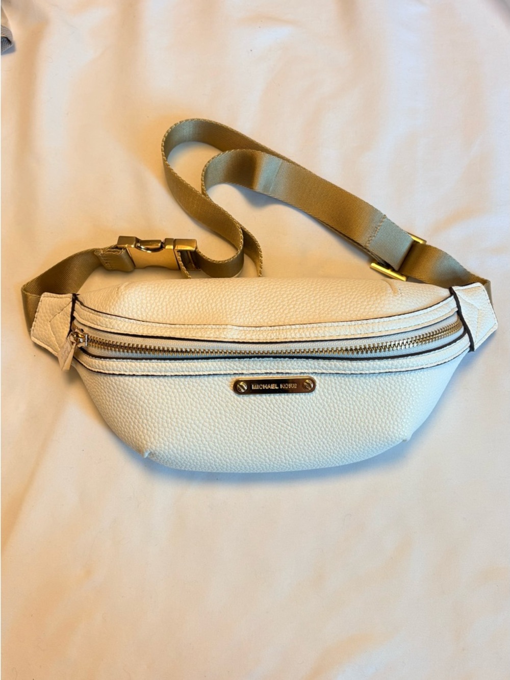 Michael Kors White Pebbled Leather Crossbody Belt Bag with Gold Hardware